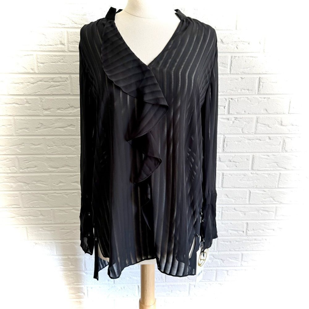 NWT etcetera Flounce Black Silk Button Blouse Size 6